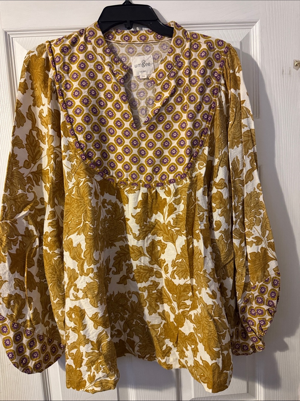 Umgee Mustard Floral Patchwork V-Neck Boho Blouse